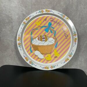 Vintage A Happy Easter Metal Tin Tray Chicks Basket Eggs -Made in Hong Kong FAIR
